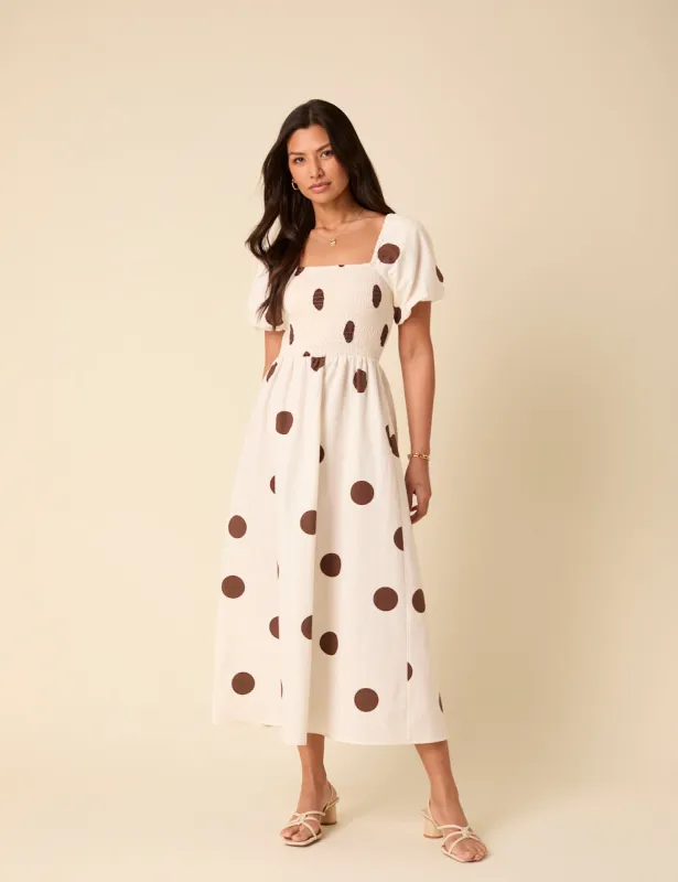 White Polka Dot Tasmin Midi Dress sold by Nobody's Child