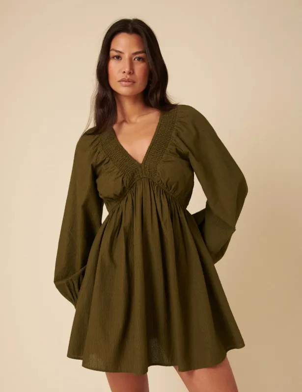 Khaki Long Sleeve Irene Mini Dress sold by Nobody's Child