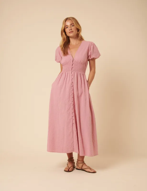 Pink Puff Sleeve Abigail Midi Dress sold by Nobody's Child