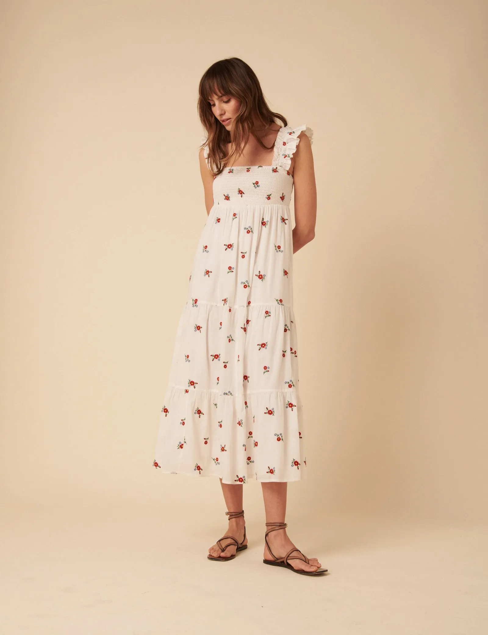White Embroidered Maya Midi Dress sold by Nobody's Child