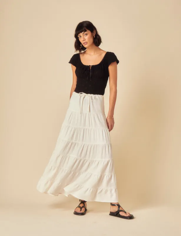 White Linen-blend Tie Waist Tiered Skirt sold by Nobody's Child