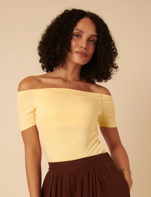 Butter Yellow Off Shoulder Jersey Top sold by Nobody's Child