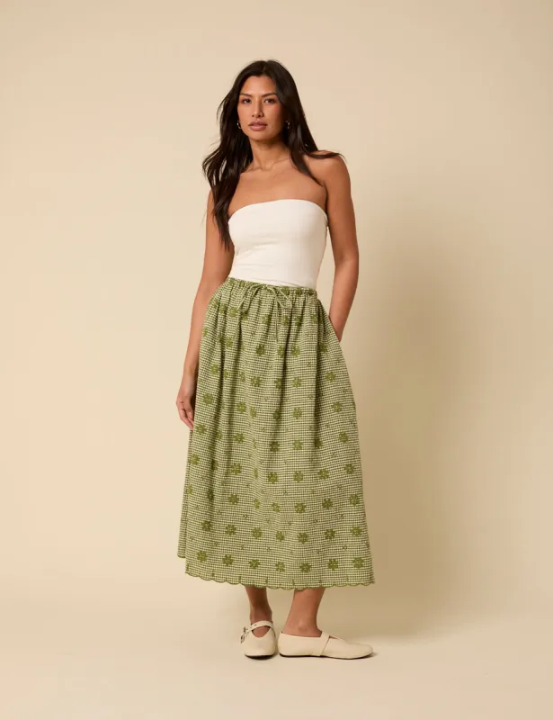 Green Gingham Embroidered Naples Midi Skirt sold by Nobody's Child