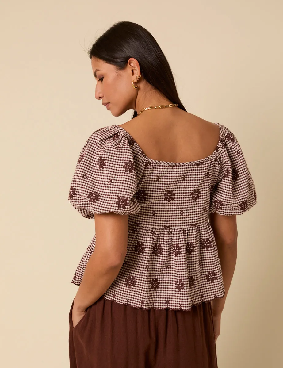Brown Gingham Embroidered Top sold by Nobody's Child product image thumbnail 5