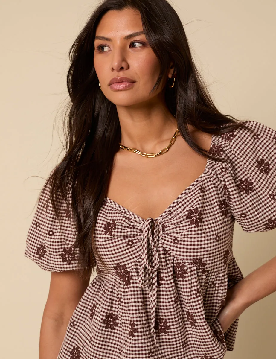 Brown Gingham Embroidered Top sold by Nobody's Child