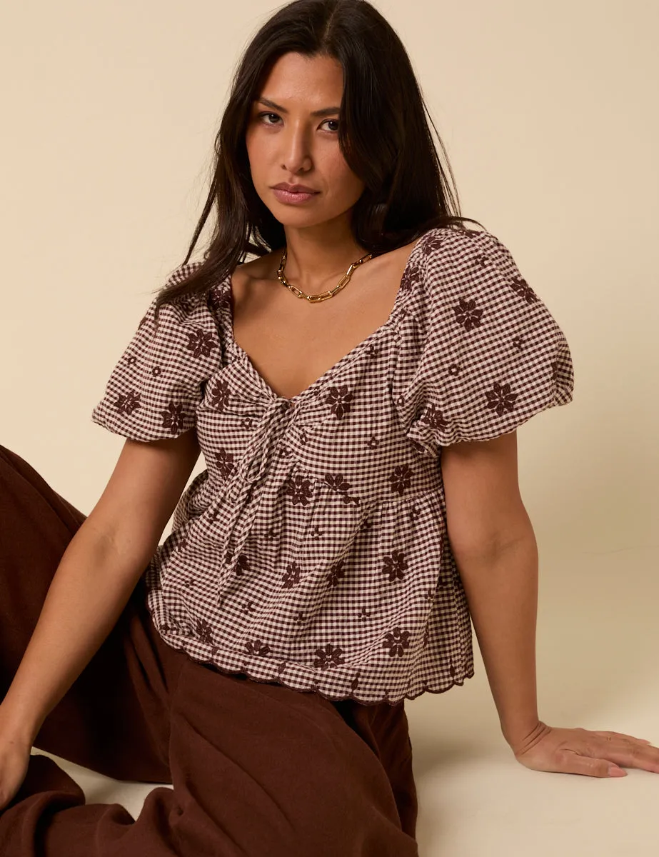 Brown Gingham Embroidered Top sold by Nobody's Child product image thumbnail 3