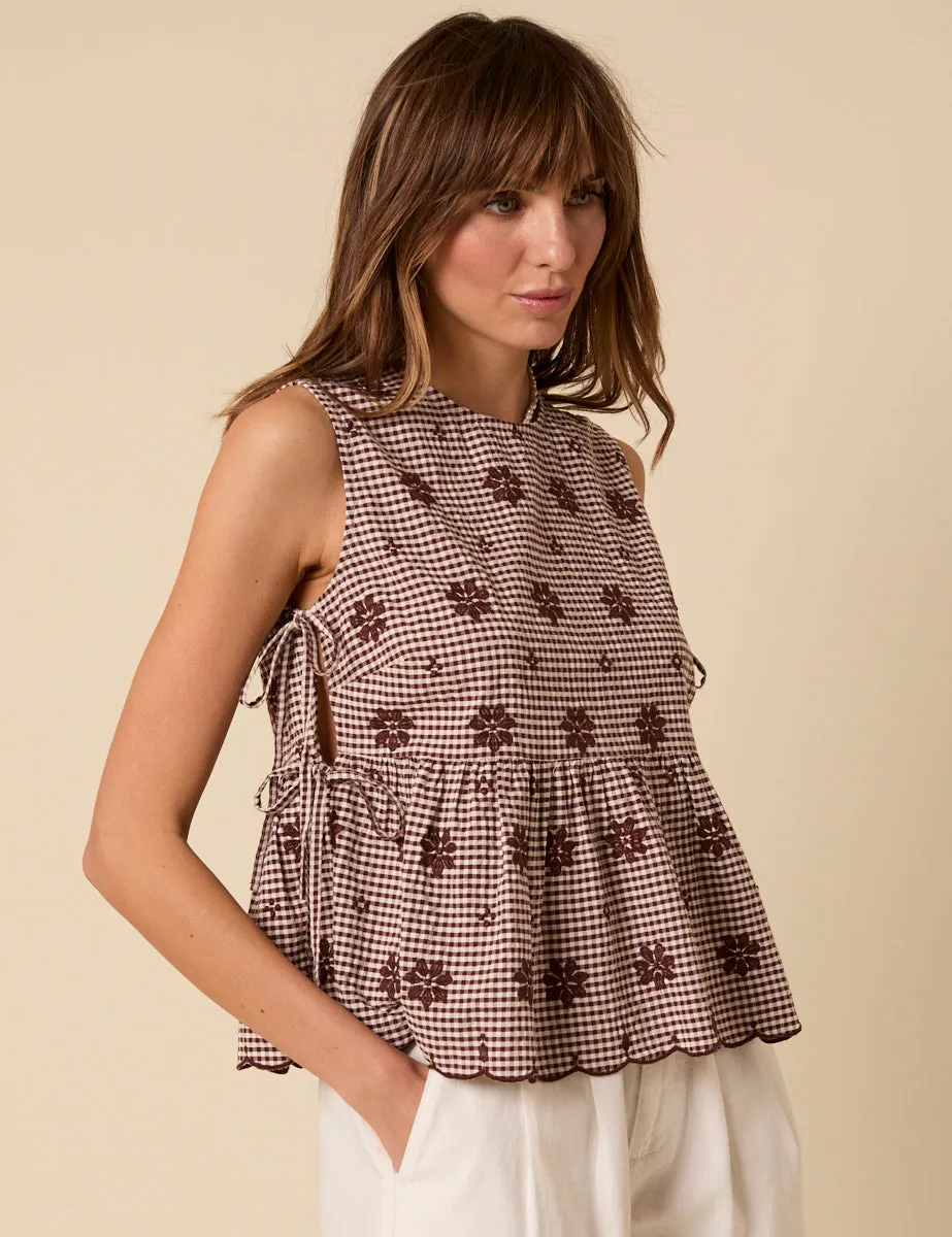 Brown Gingham Embroidered Peplum Top sold by Nobody's Child product image thumbnail 3