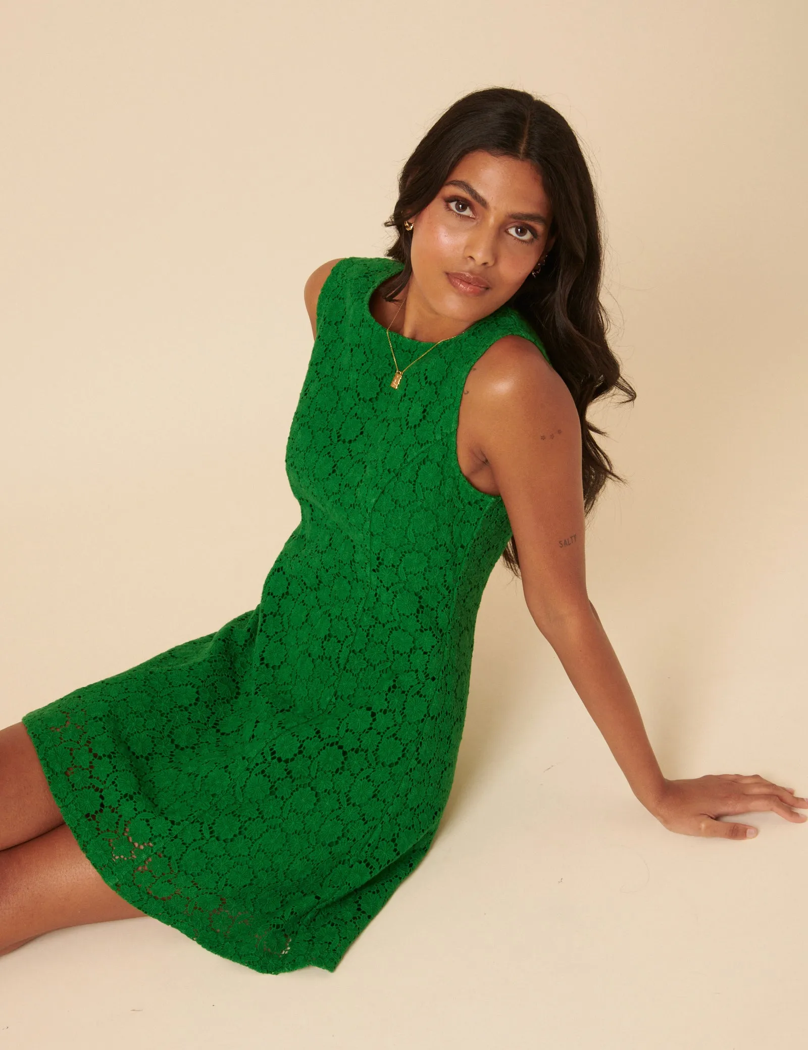 Green Floral Broderie Anglaise Juno Mini Dress sold by Nobody's Child product image thumbnail 3