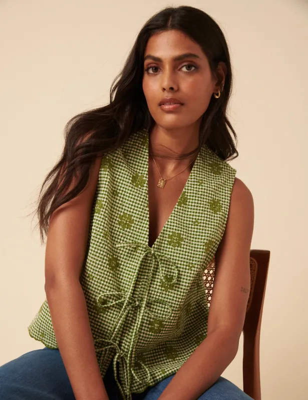 Green Gingham Embroidered Tie Front Tessa Top sold by Nobody's Child