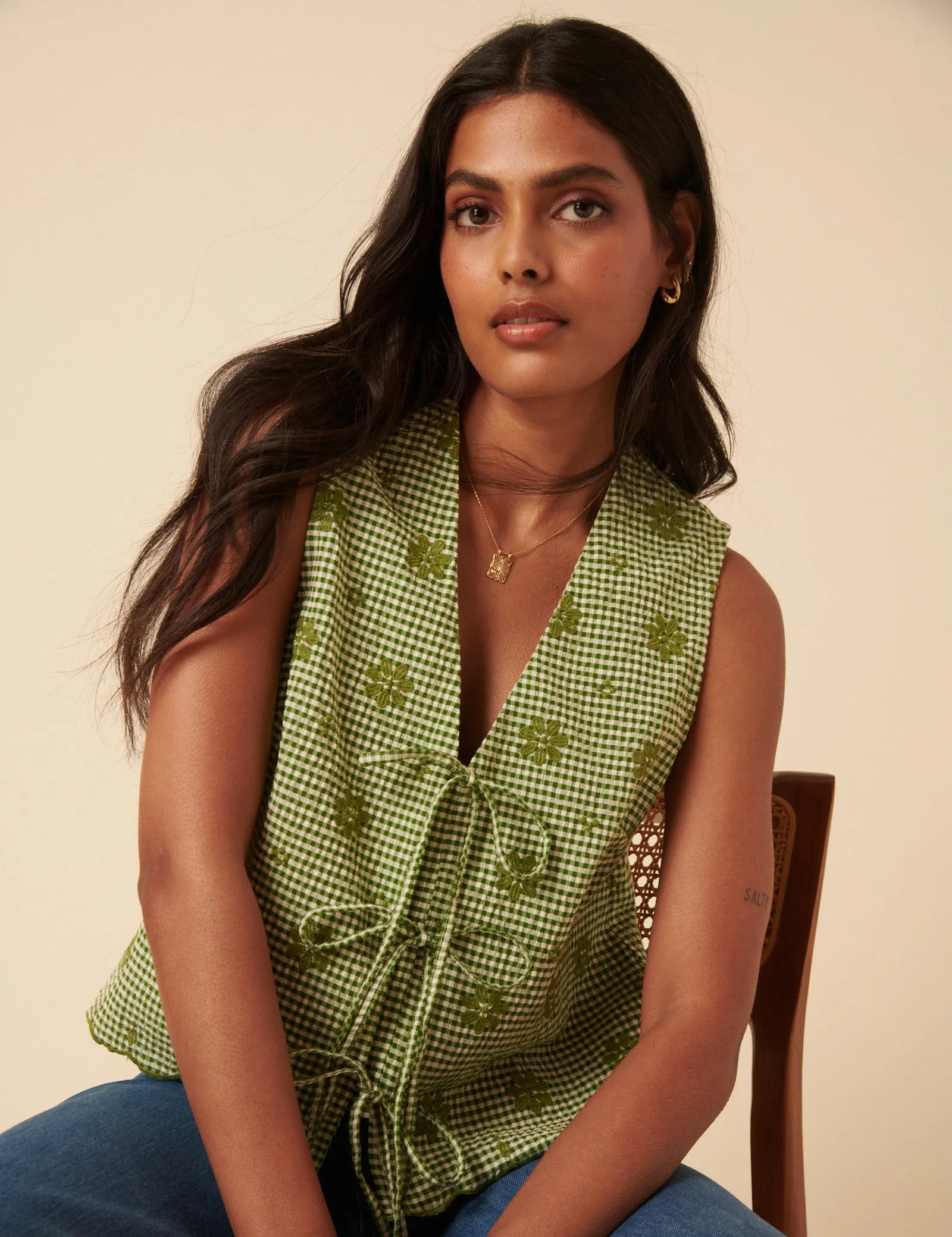 Green Gingham Embroidered Tie Front Tessa Top sold by Nobody's Child