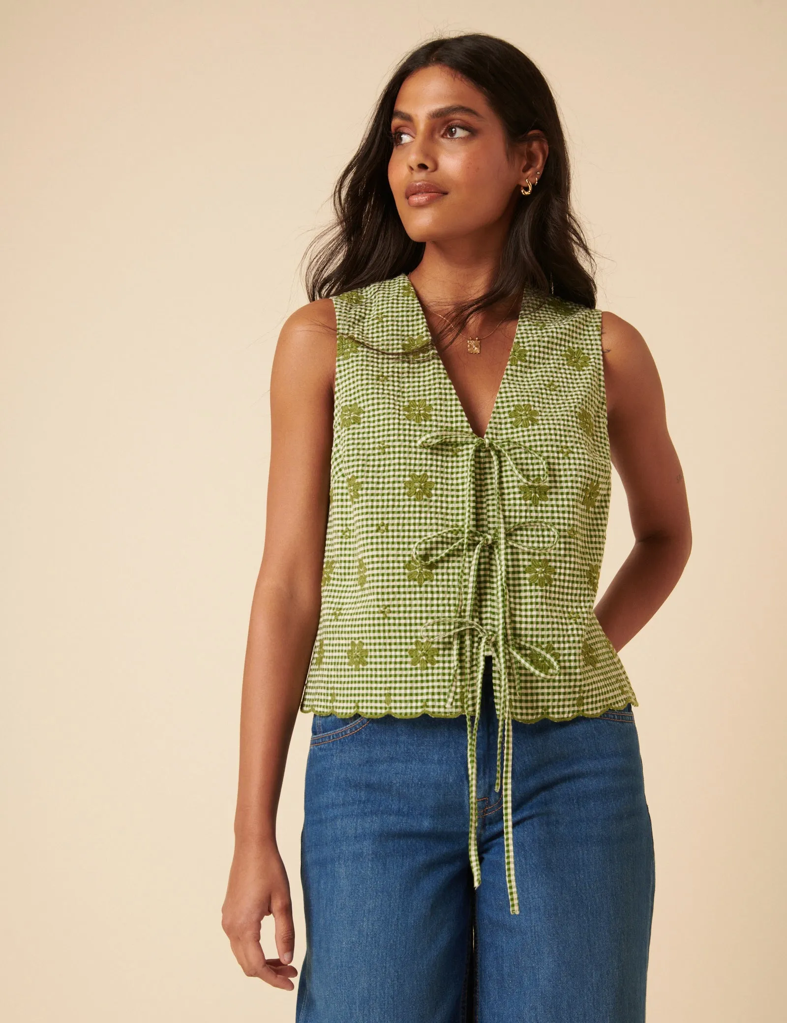 Green Gingham Embroidered Tie Front Tessa Top sold by Nobody's Child product image thumbnail 4