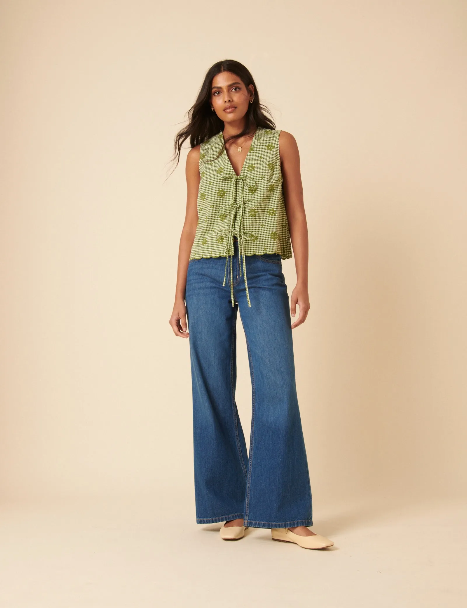 Green Gingham Embroidered Tie Front Tessa Top sold by Nobody's Child product image thumbnail 2