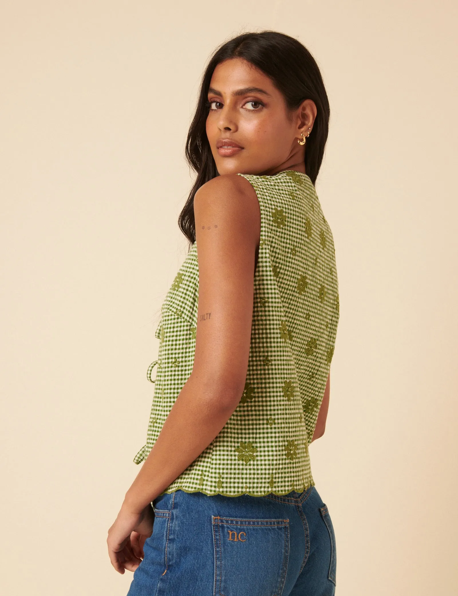 Green Gingham Embroidered Tie Front Tessa Top sold by Nobody's Child product image thumbnail 5