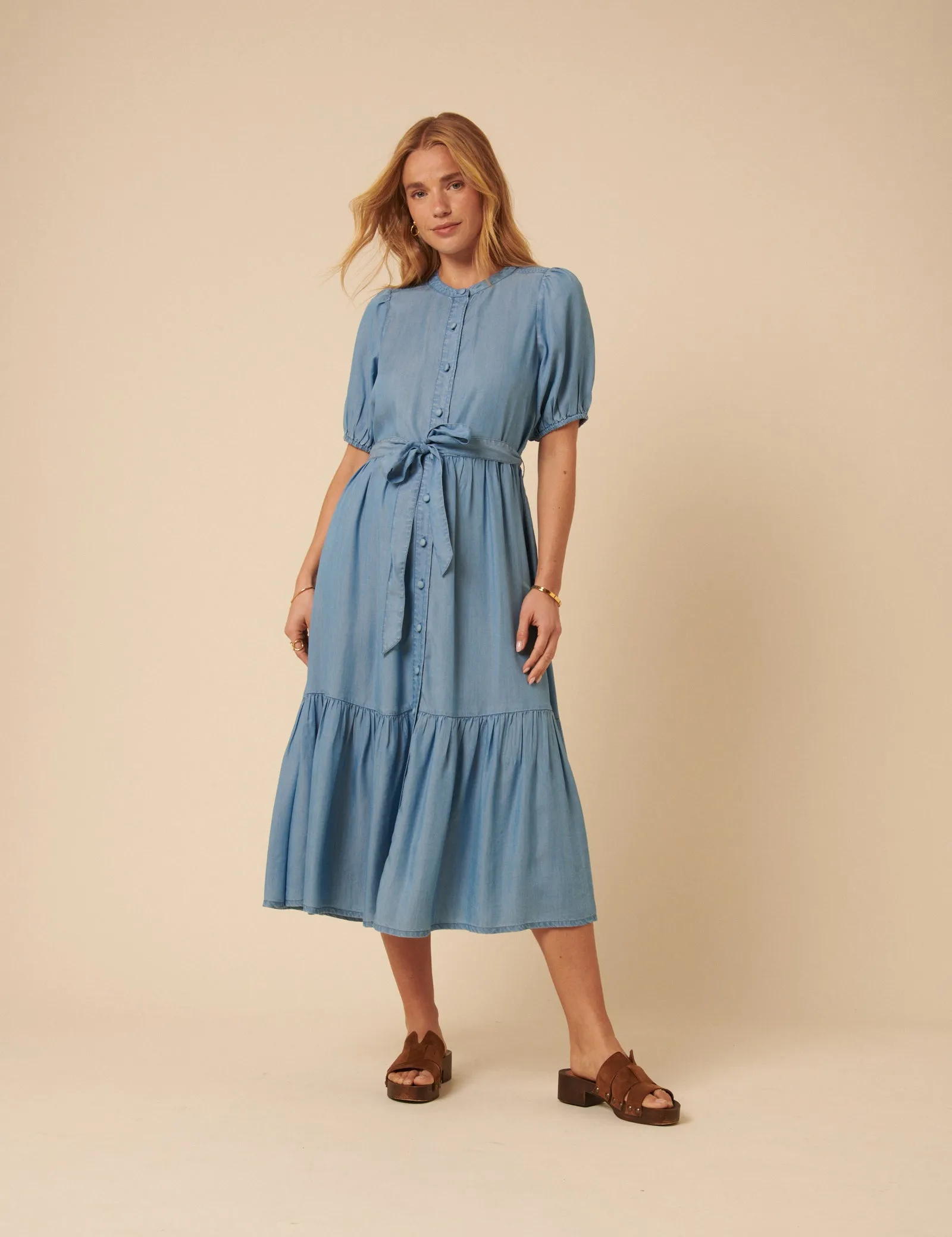 Blue Denim Tiered Clover Midi Dress sold by Nobody's Child