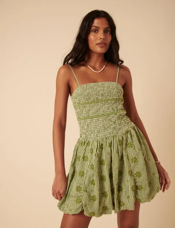 Green Gingham Embroidered Bubble Hem Sofia Mini Dress sold by Nobody's Child