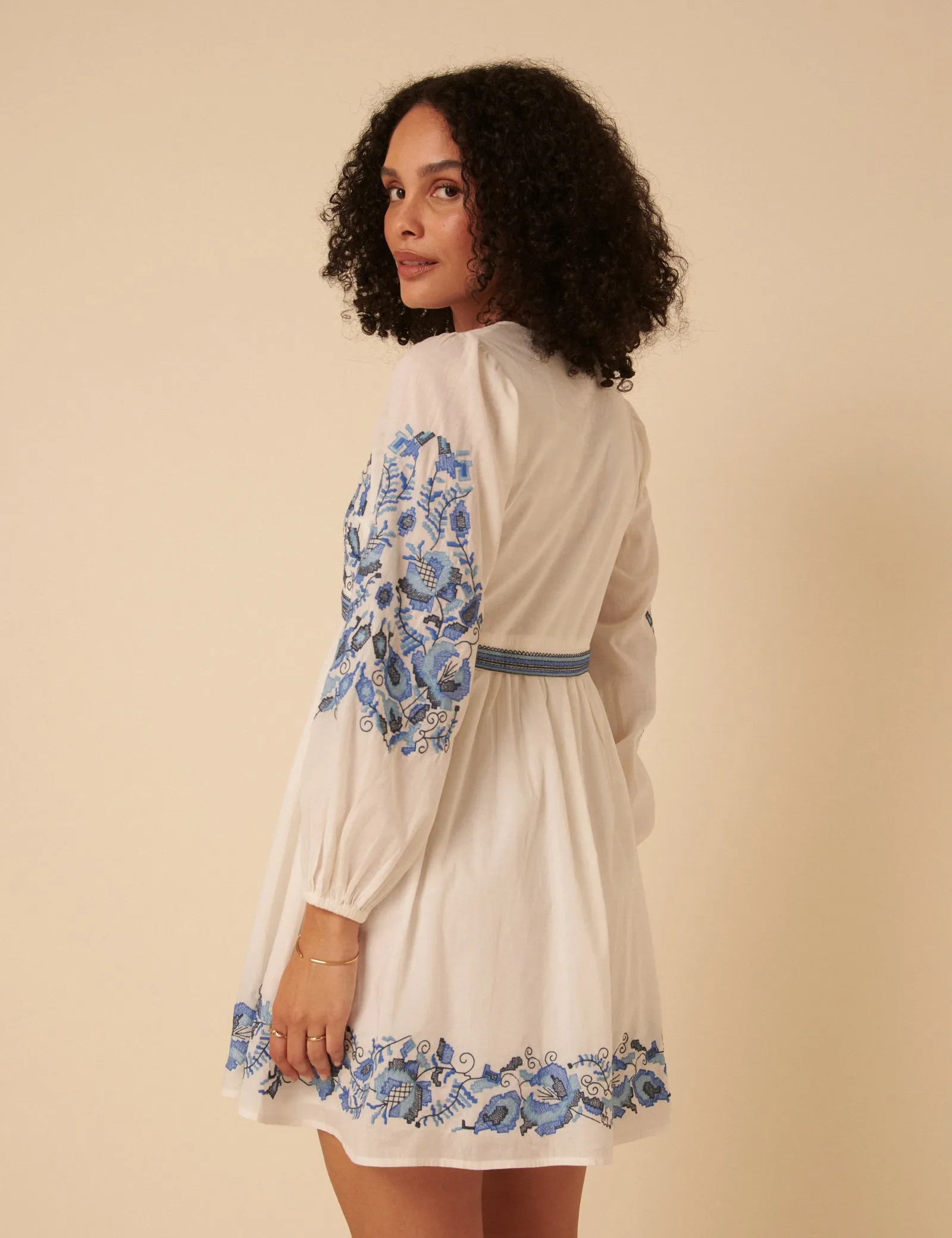 White Long Sleeve Floral Embroidered Trishna Mini Dress sold by Nobody's Child product image thumbnail 5