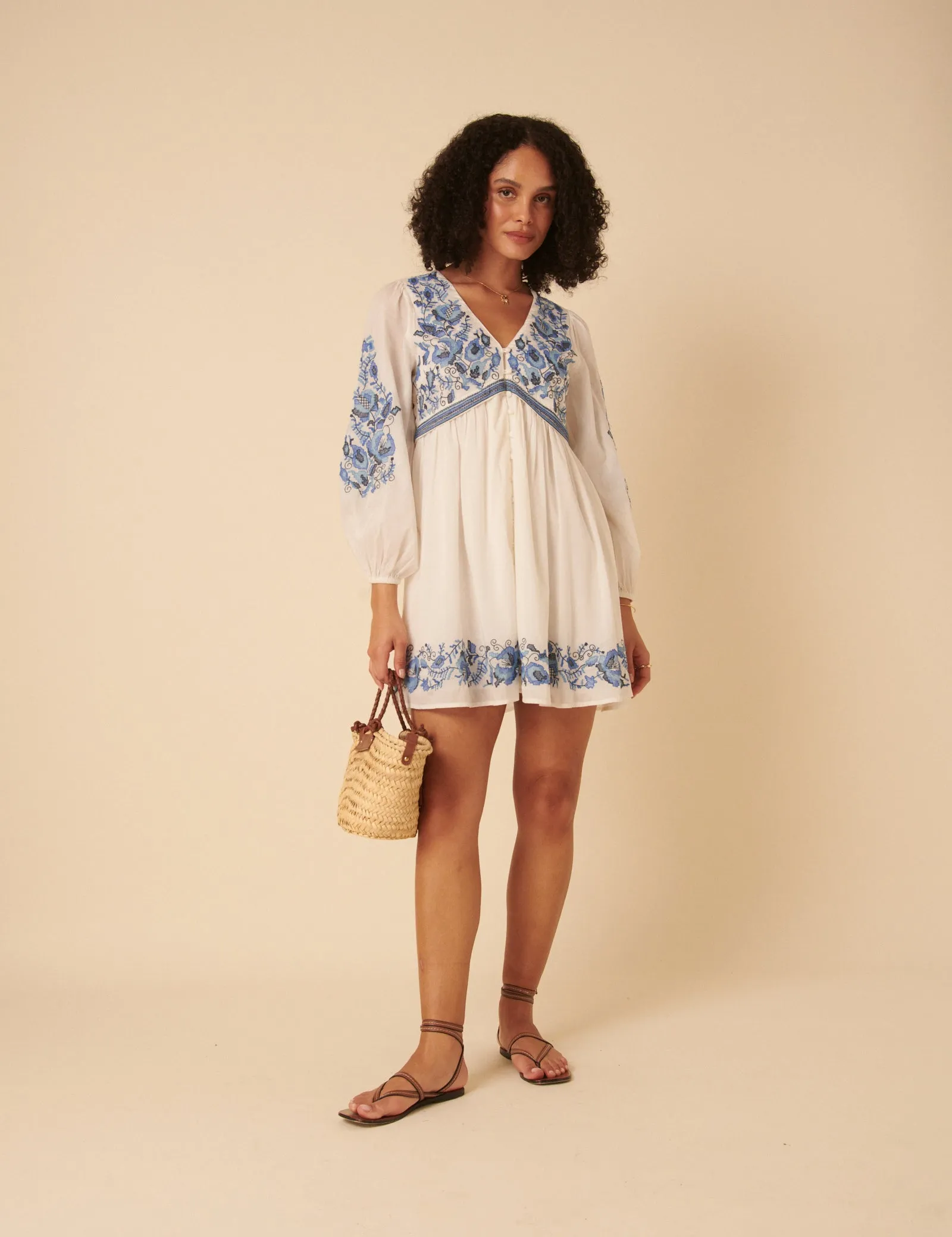 White Long Sleeve Floral Embroidered Trishna Mini Dress sold by Nobody's Child product image thumbnail 4