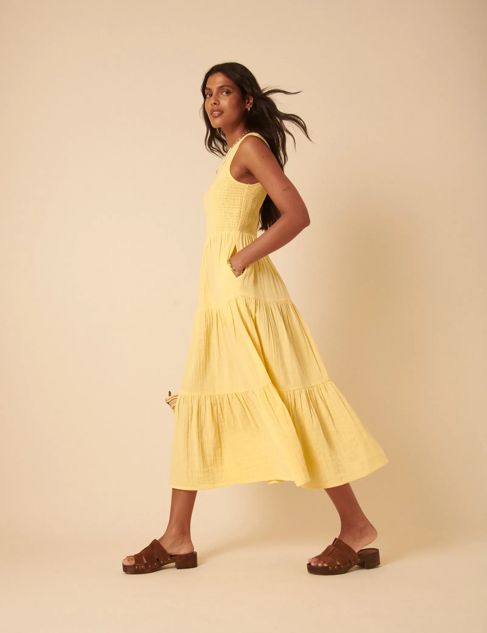 Butter Yellow Sleeveless Tiered Charlie Midi Dress sold by Nobody's Child product image thumbnail 3