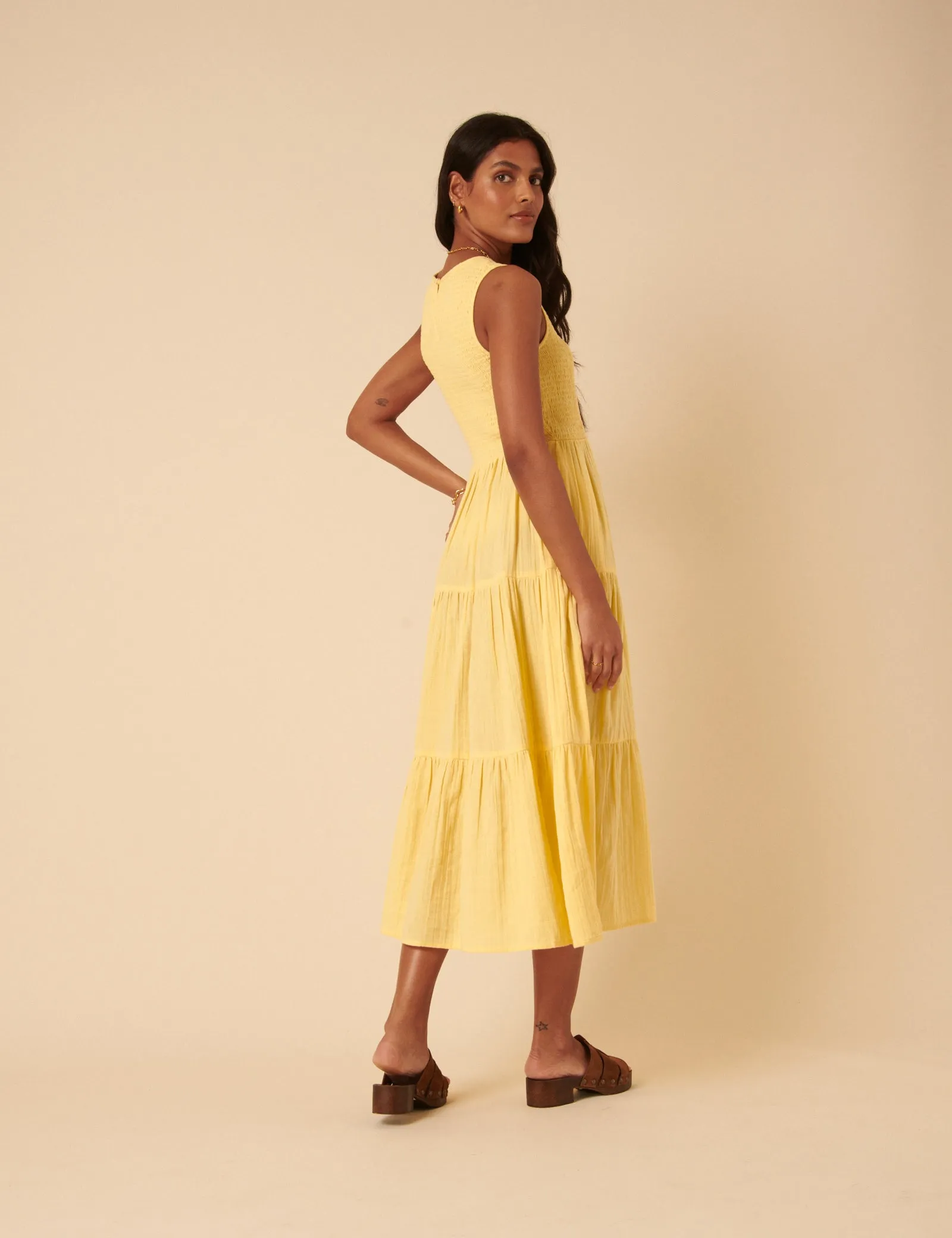 Butter Yellow Sleeveless Tiered Charlie Midi Dress sold by Nobody's Child product image thumbnail 5