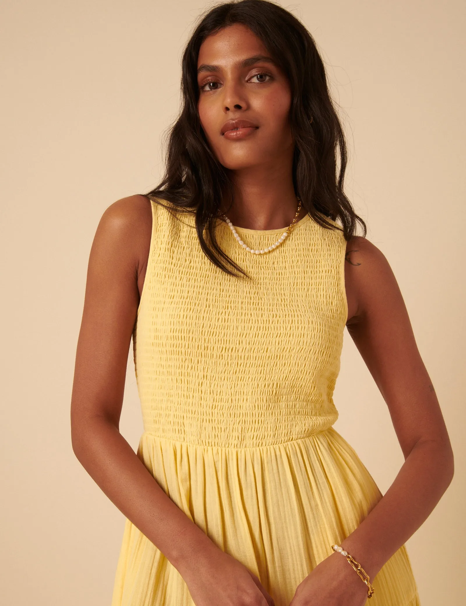 Butter Yellow Sleeveless Tiered Charlie Midi Dress sold by Nobody's Child product image thumbnail 2