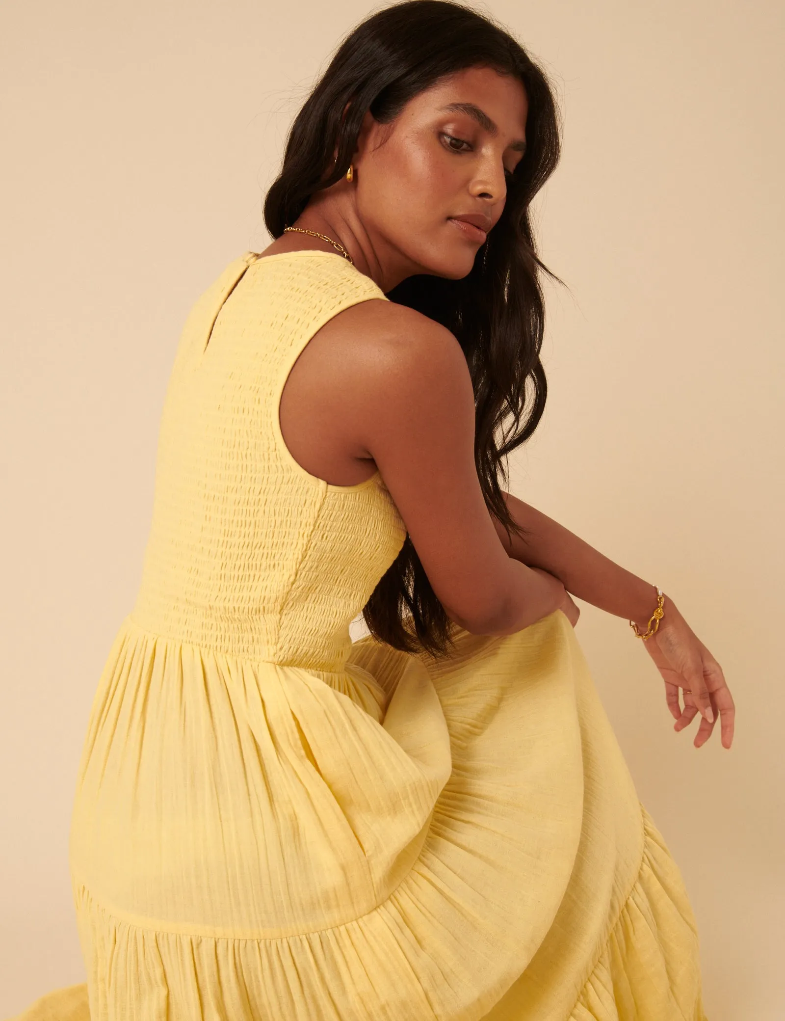 Butter Yellow Sleeveless Tiered Charlie Midi Dress sold by Nobody's Child product image thumbnail 4