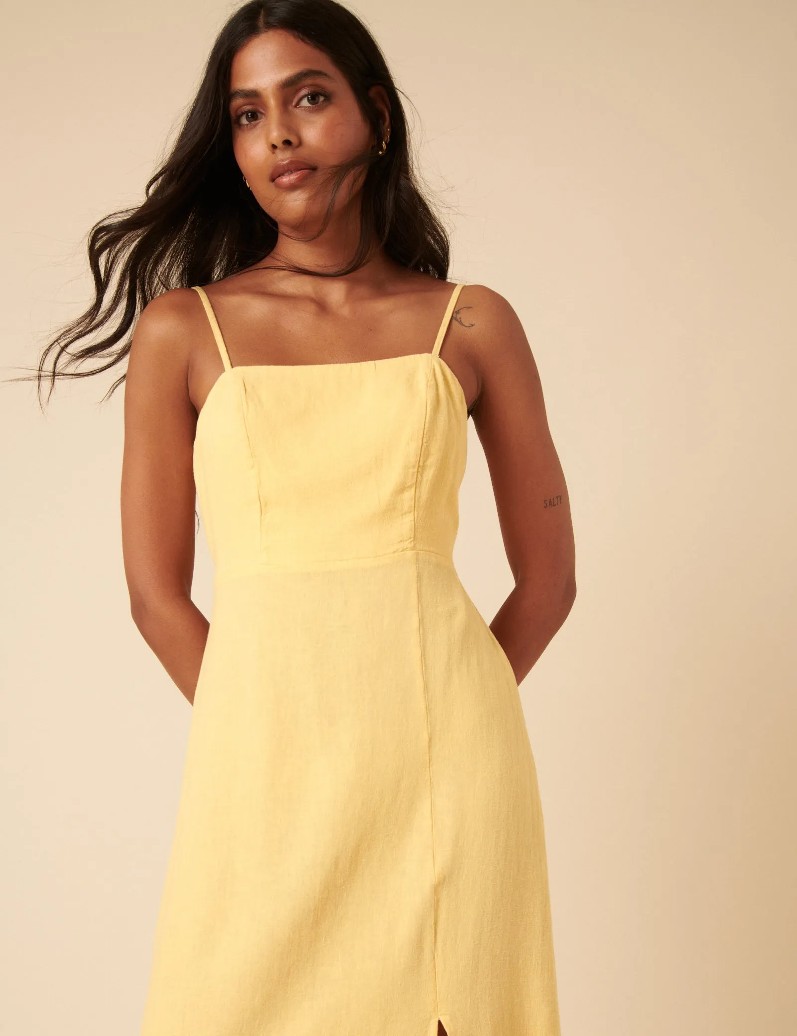 Butter Yellow Linen-blend Maddie Midi Dress sold by Nobody's Child product image thumbnail 4
