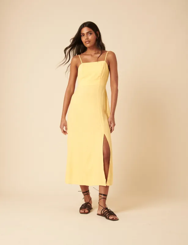 Butter Yellow Linen-blend Maddie Midi Dress sold by Nobody's Child