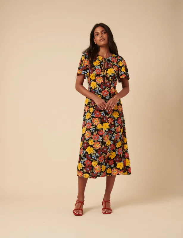 Black Floral Anna Midi Dress sold by Nobody's Child