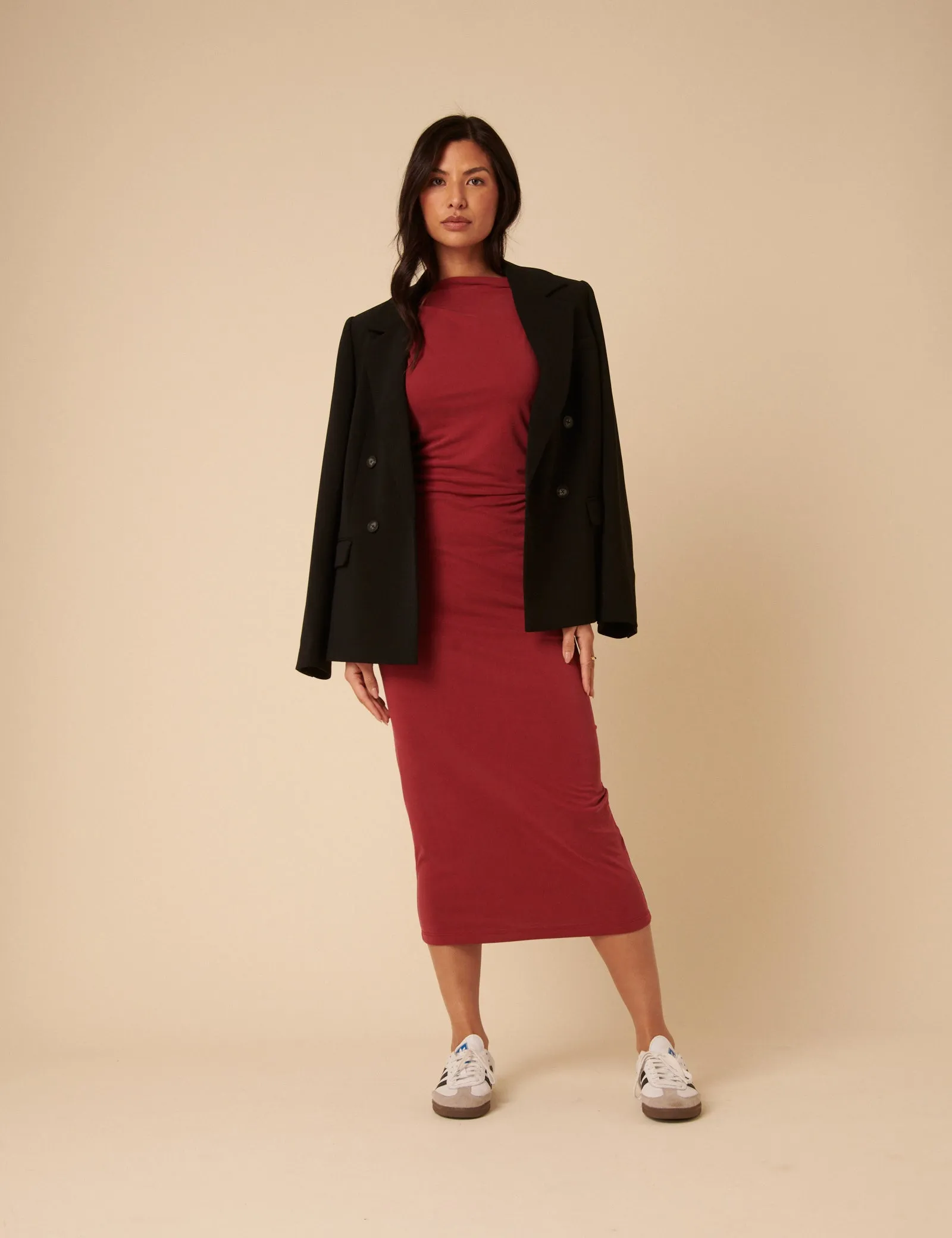 Red Jersey Gathered Side Amber Midi Dress sold by Nobody's Child product image thumbnail 3