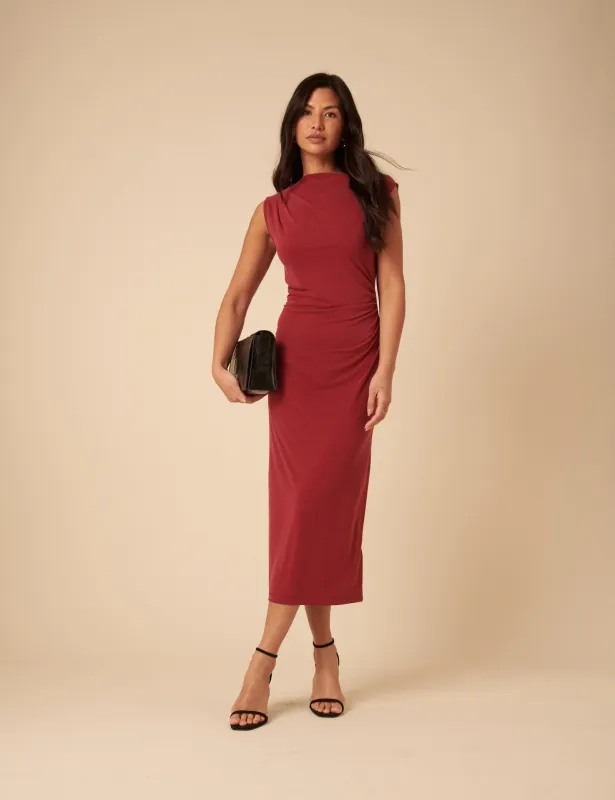Red Jersey Gathered Side Amber Midi Dress sold by Nobody's Child