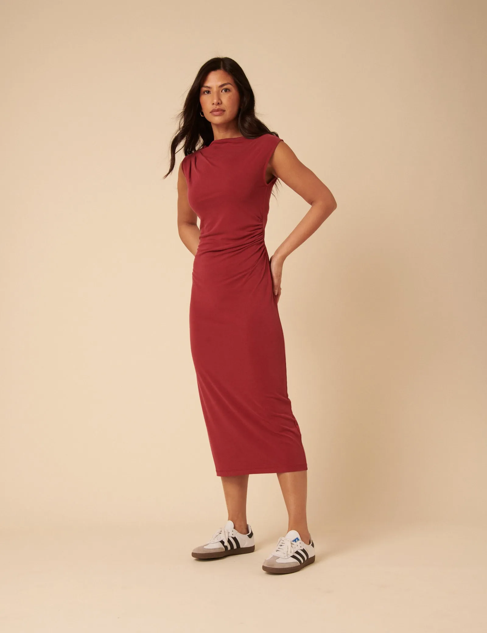 Red Jersey Gathered Side Amber Midi Dress sold by Nobody's Child product image thumbnail 4