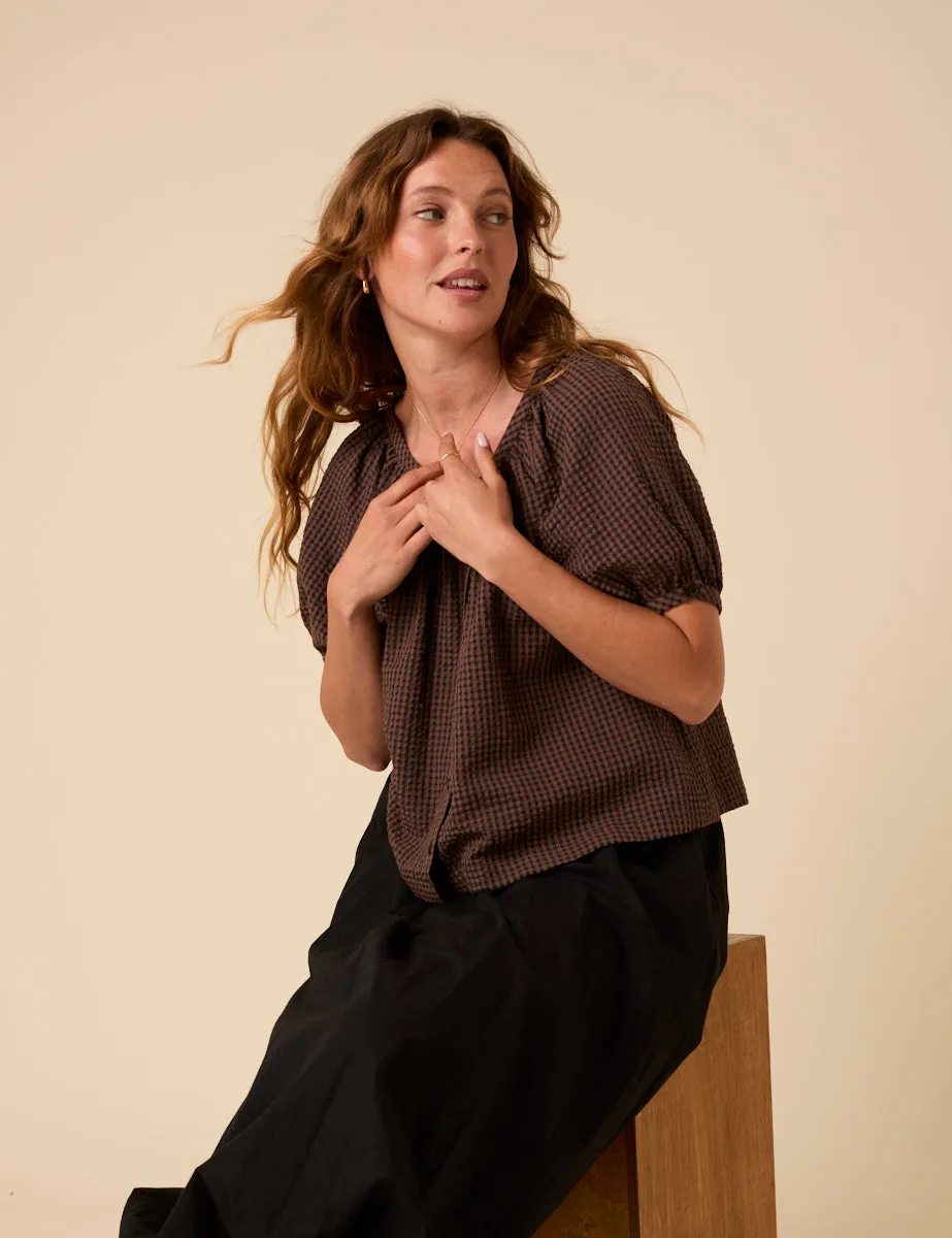 Brown Gingham Puff Sleeve Top sold by Nobody's Child product image thumbnail 2