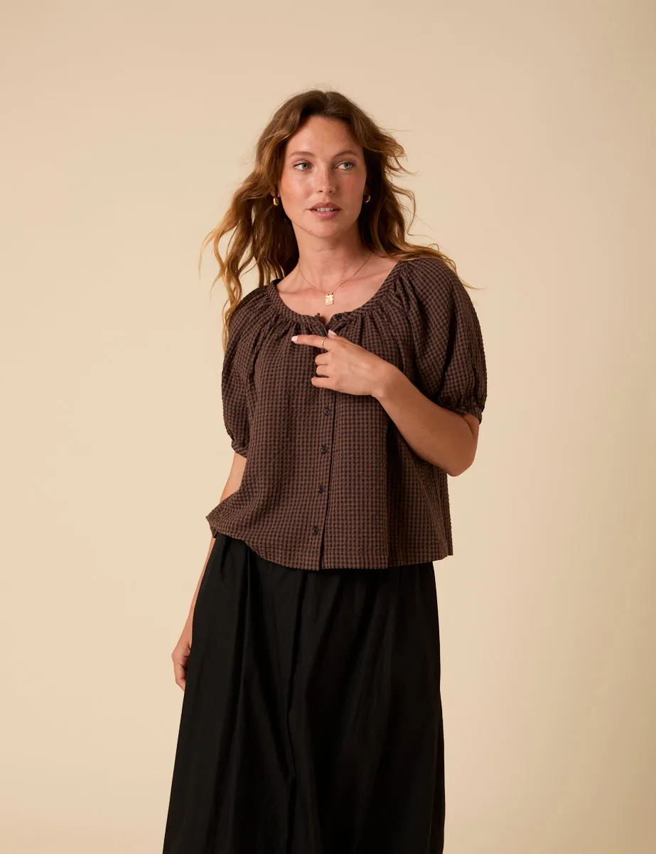 Brown Gingham Puff Sleeve Top sold by Nobody's Child