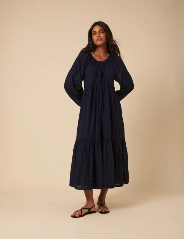 Navy Tie Front Tiered Adley Midi Dress sold by Nobody's Child