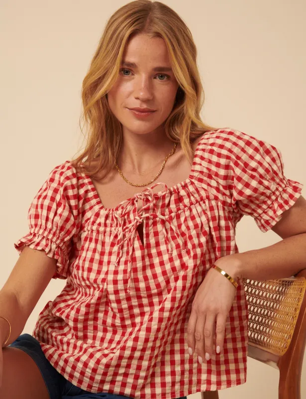 Red Linen-blend Gingham Puff Sleeve Top sold by Nobody's Child