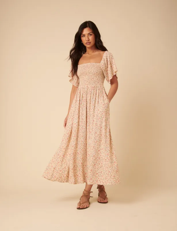 Cream Ditsy Floral Bella Midi Dress sold by Nobody's Child