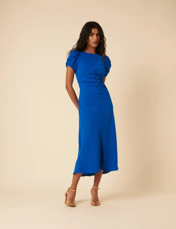 Blue Shirred Naomi Midi Dress sold by Nobody's Child