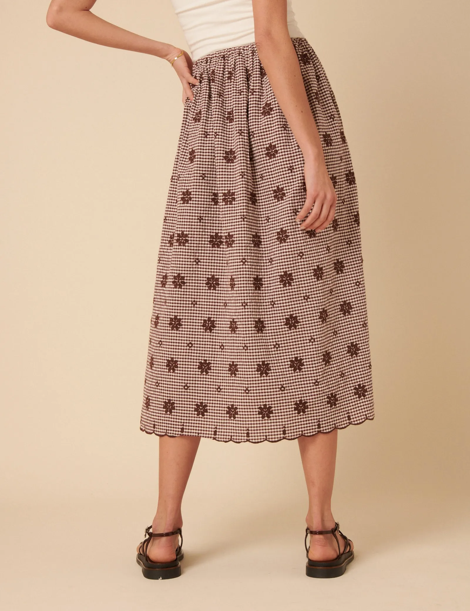 Brown Gingham Embroidered Naples Midi Skirt sold by Nobody's Child product image thumbnail 5