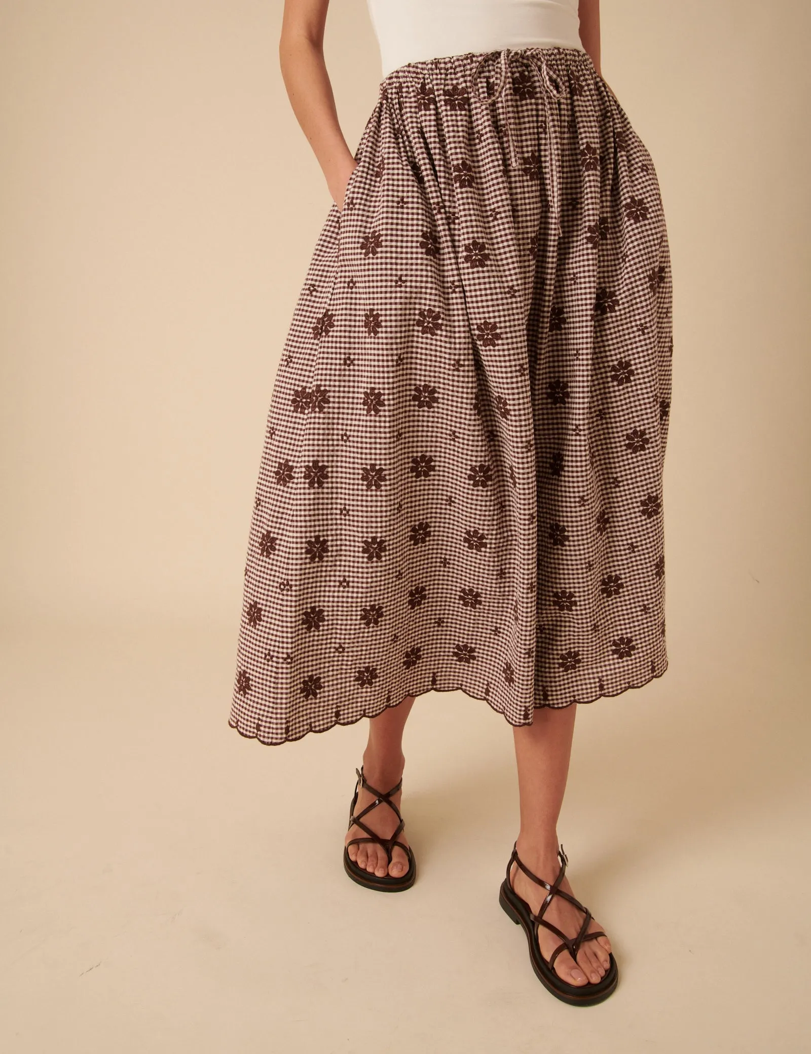 Brown Gingham Embroidered Naples Midi Skirt sold by Nobody's Child product image thumbnail 2