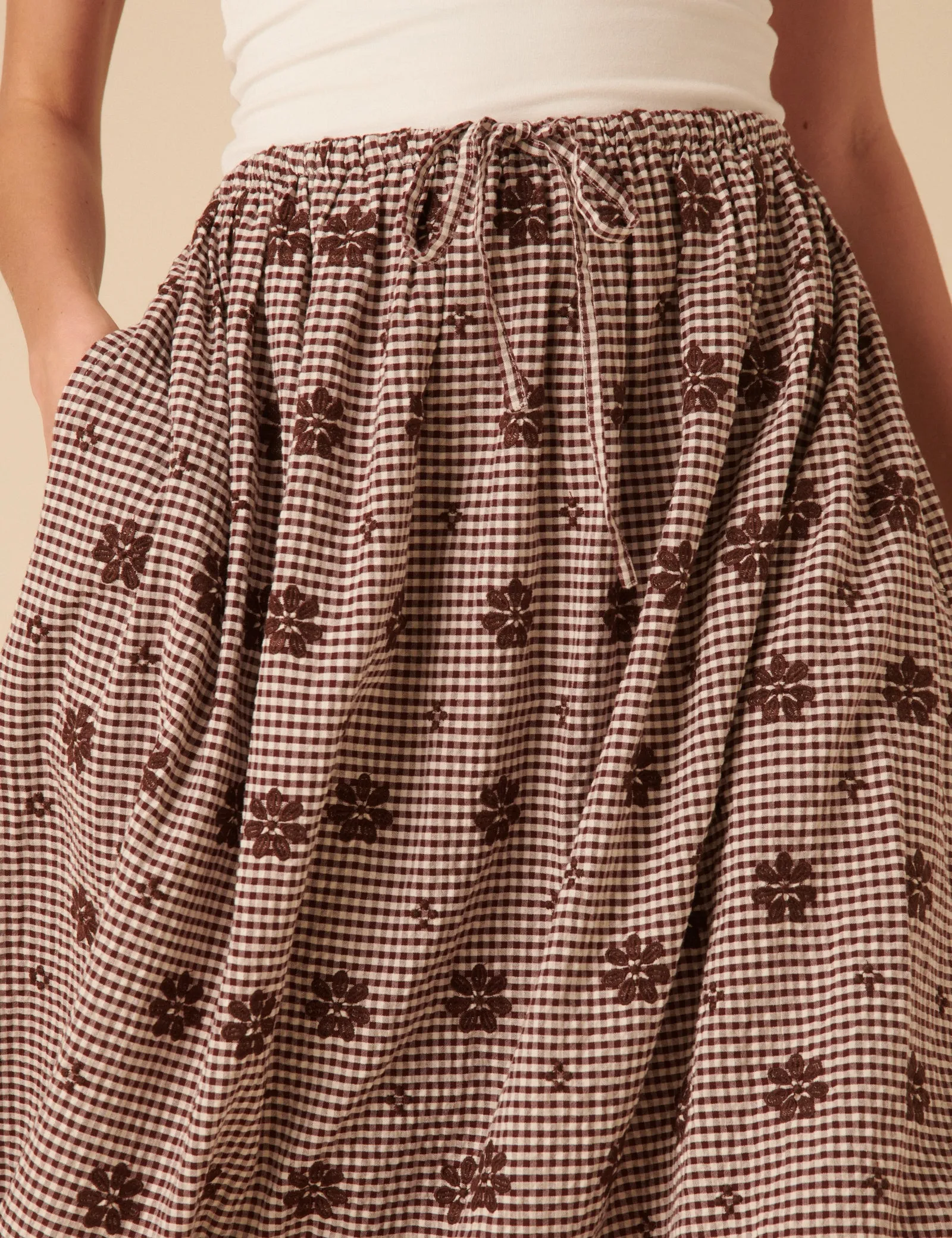 Brown Gingham Embroidered Naples Midi Skirt sold by Nobody's Child product image thumbnail 4