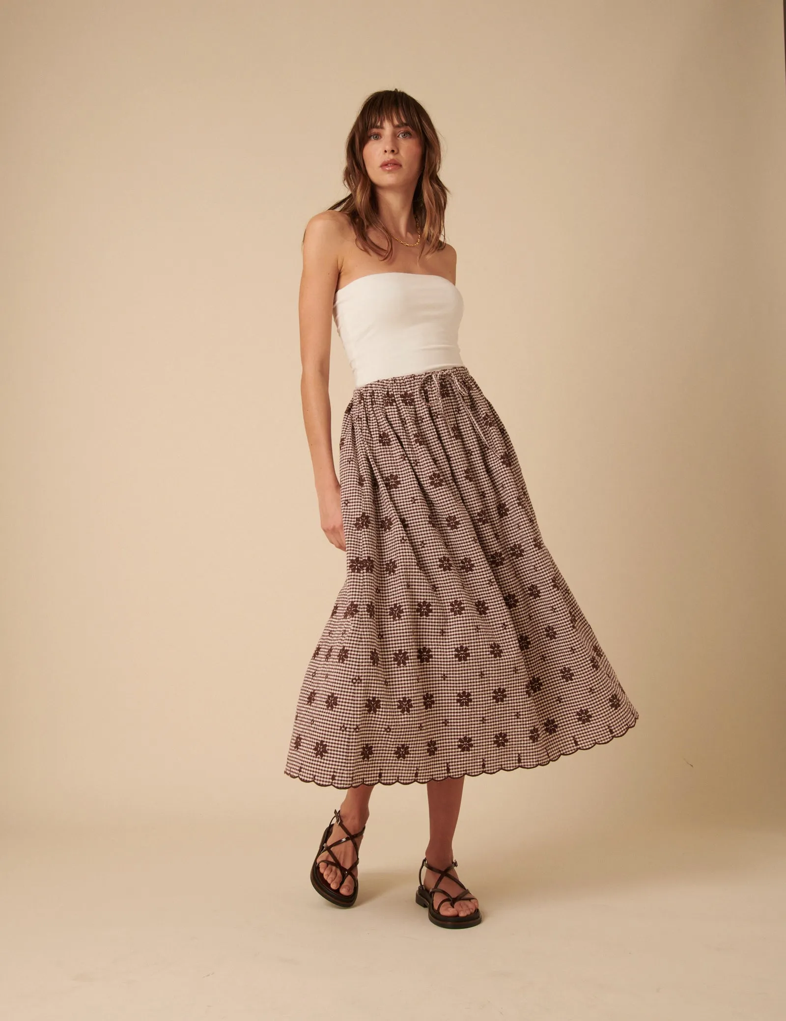 Brown Gingham Embroidered Naples Midi Skirt sold by Nobody's Child