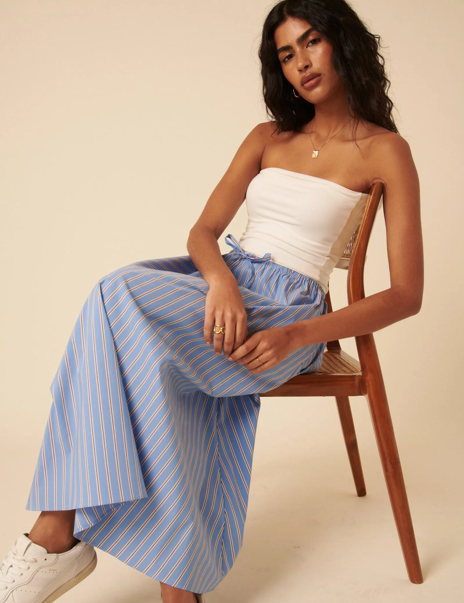 Blue Pinstripe Naples Midi Skirt sold by Nobody's Child
