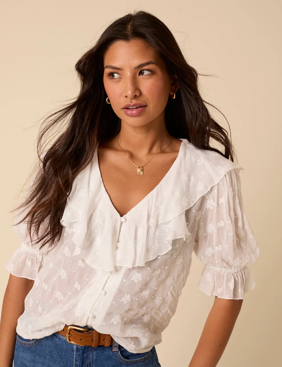White Embroidered Frill Blouse sold by Nobody's Child