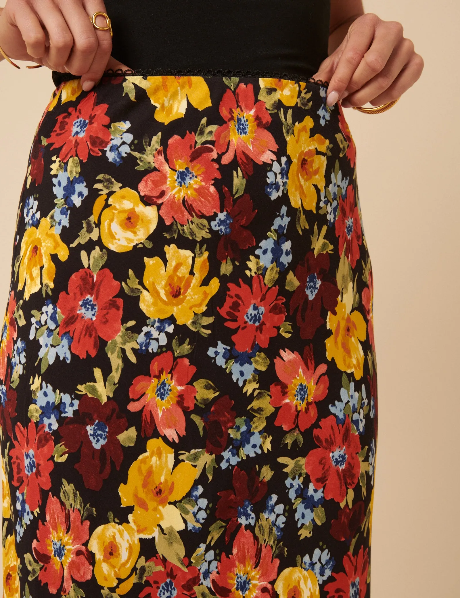 Black Floral Midi Skirt sold by Nobody's Child product image thumbnail 4