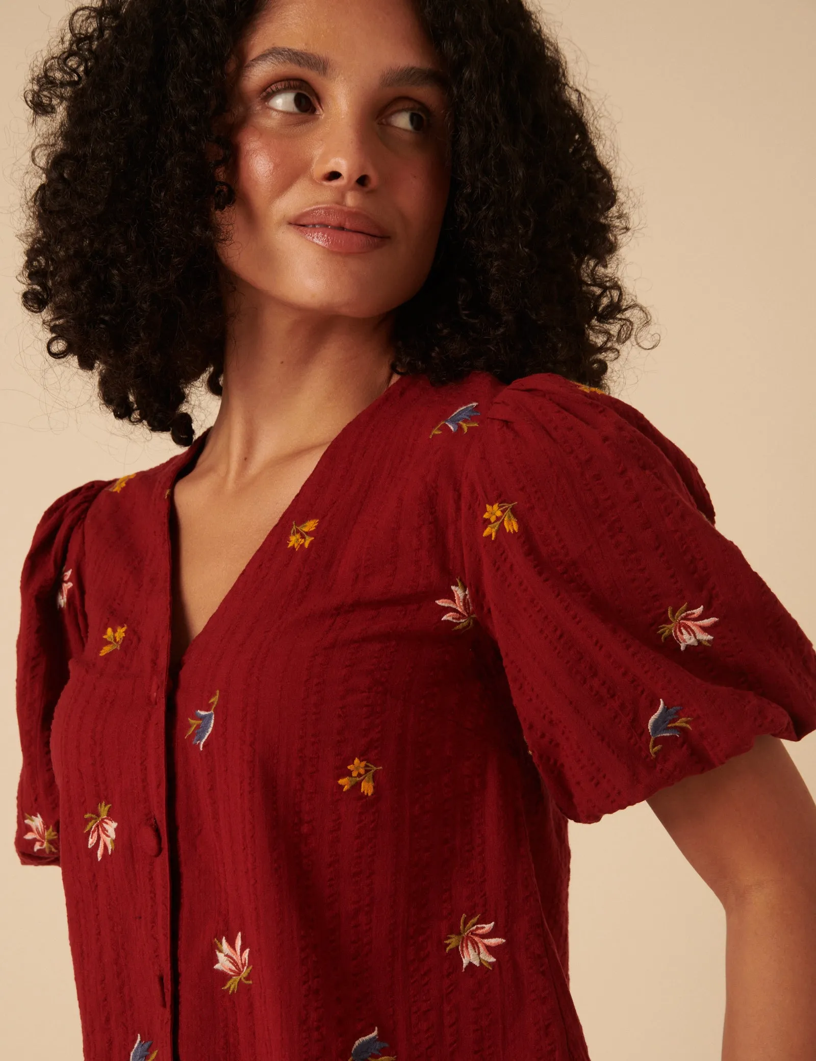 Red Puff Sleeve Embroidered Blouse sold by Nobody's Child product image thumbnail 3