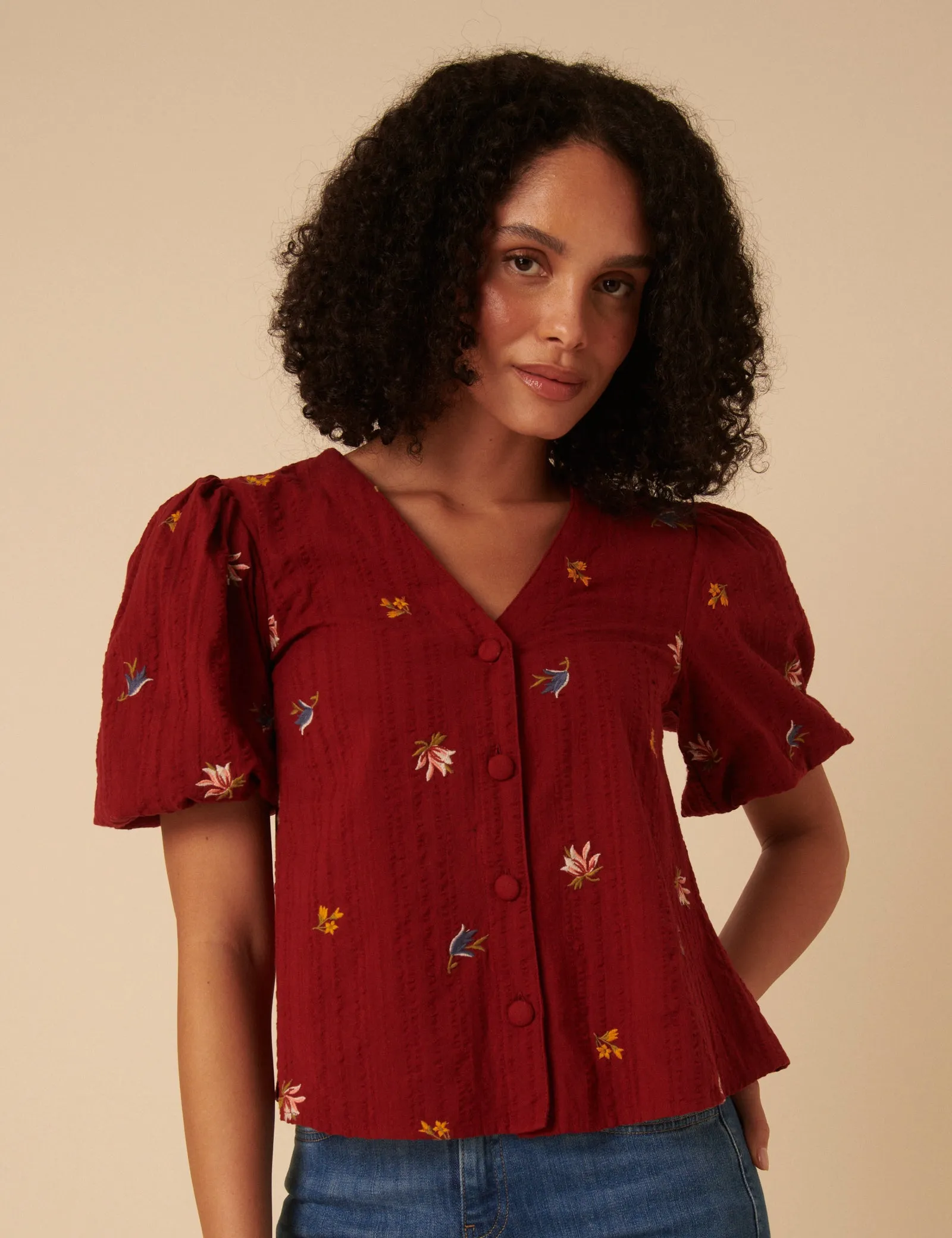 Red Puff Sleeve Embroidered Blouse sold by Nobody's Child