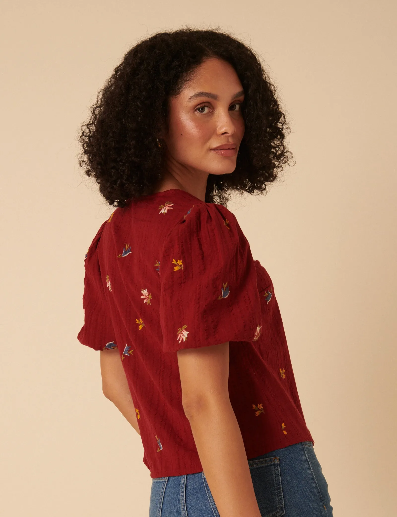 Red Puff Sleeve Embroidered Blouse sold by Nobody's Child product image thumbnail 5