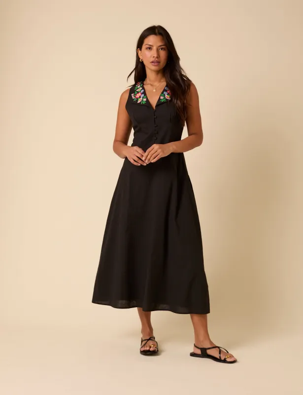 Black Floral Embroidered Melanie Midi Dress sold by Nobody's Child