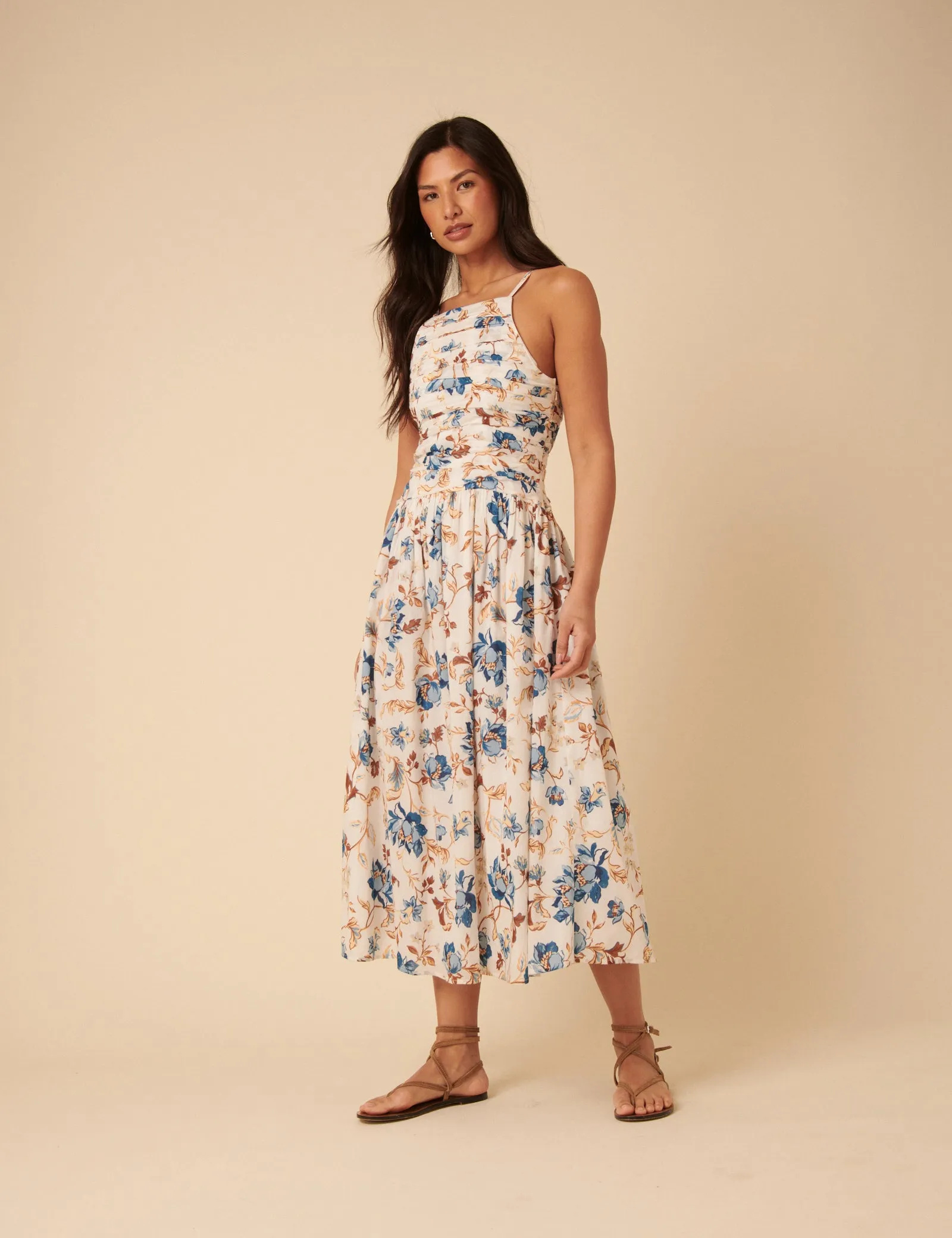 White Floral Ruched Talia Midi Dress sold by Nobody's Child