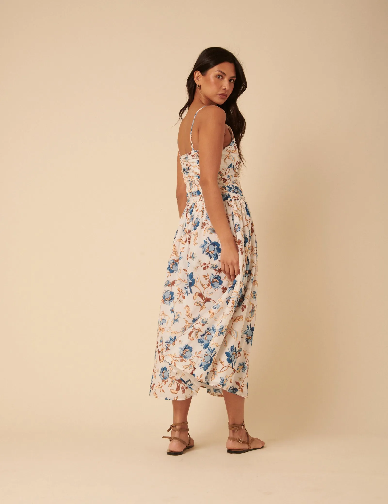 White Floral Ruched Talia Midi Dress sold by Nobody's Child product image thumbnail 3